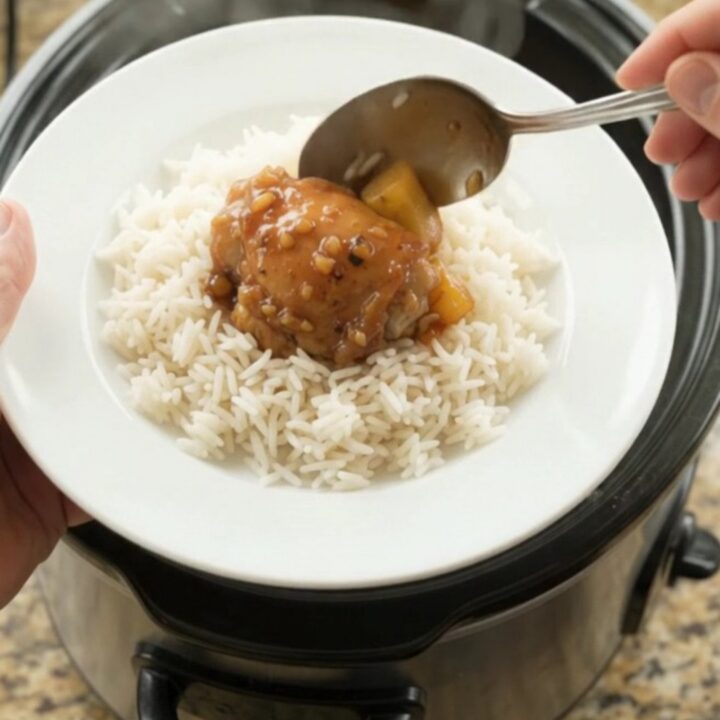 Slow cooker full of caramelized chicken thighs and pineapple chunks in a sticky glaze
