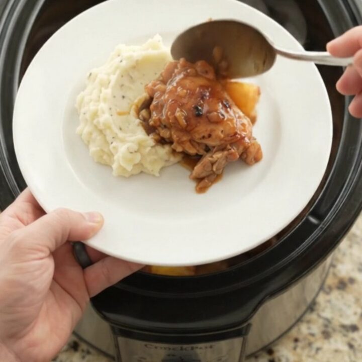 Slow cooker pineapple bourbon glazed chicken thighs, caramelized and glossy