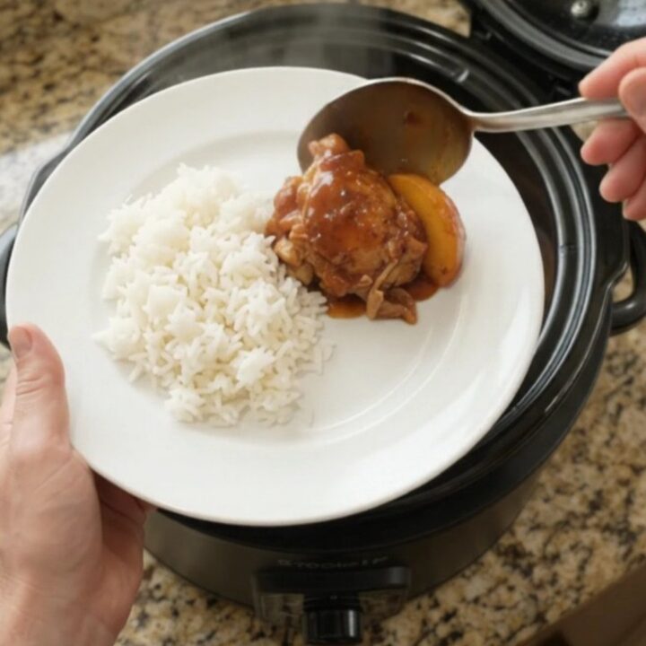 Slow cooker full of peach hickory BBQ chicken thighs, caramelized and glistening