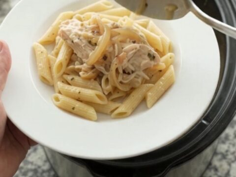 Slow cooker filled with shredded turkey, onions, and melted mozzarella in a creamy sauce
