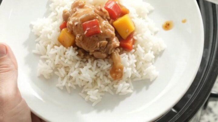 Slow cooker teriyaki mango chicken thighs in a black crockpot with glaze and sesame seeds