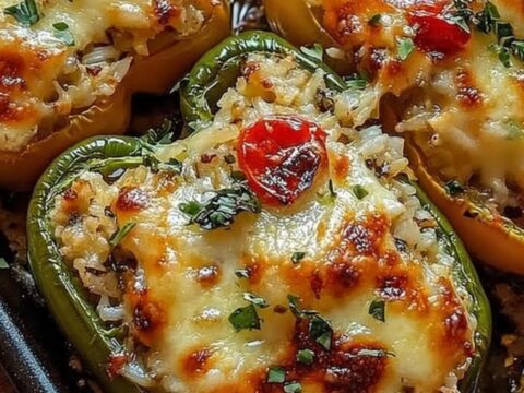 A close-up of a vibrant bell pepper stuffed with seasoned rice and covered in melted, bubbly cheese.