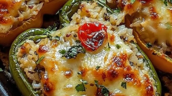 A close-up of a vibrant bell pepper stuffed with seasoned rice and covered in melted, bubbly cheese.