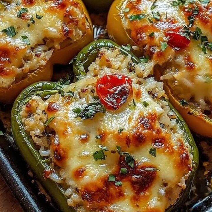 A close-up of a vibrant bell pepper stuffed with seasoned rice and covered in melted, bubbly cheese.