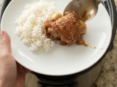 Shredded teriyaki chicken thighs with garlic and scallions in a slow cooker, glossy and caramelized.