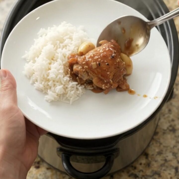 Shredded teriyaki chicken thighs with garlic and scallions in a slow cooker, glossy and caramelized.