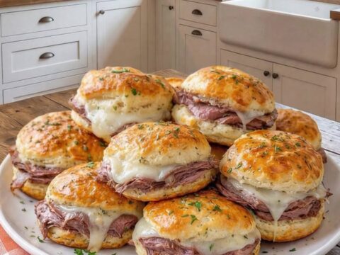 A towering stack of golden-baked French dip biscuits on a rustic platter in a farmhouse kitchen.