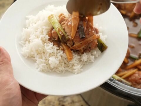 Pull-apart chicken thighs in glossy hickory BBQ sauce with ginger and scallions in a slow cooker