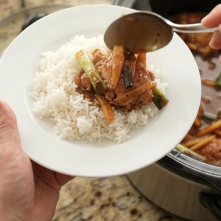 Pull-apart chicken thighs in glossy hickory BBQ sauce with ginger and scallions in a slow cooker