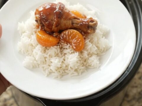 Slow cooker chicken drumsticks in hickory BBQ sauce with mandarin oranges