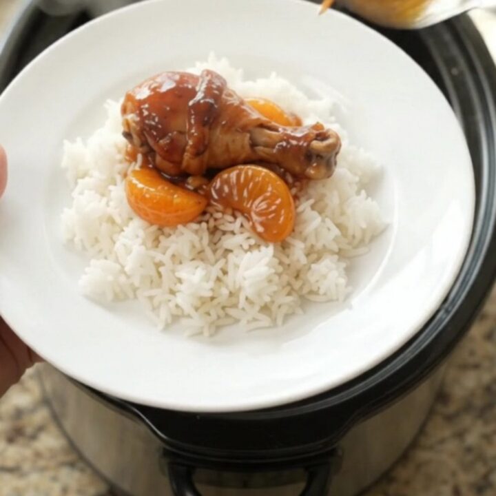 Slow cooker chicken drumsticks in hickory BBQ sauce with mandarin oranges