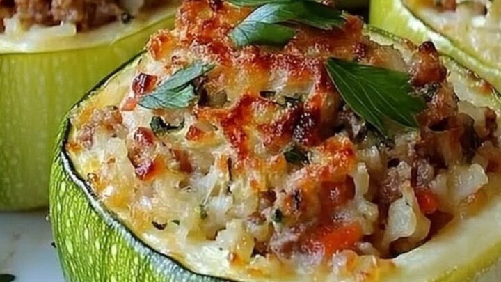 Four golden, cheesy stuffed round zucchini cups garnished with fresh parsley on a serving platter.