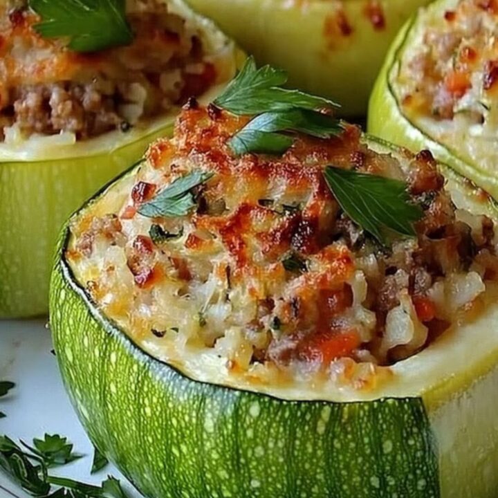 Four golden, cheesy stuffed round zucchini cups garnished with fresh parsley on a serving platter.