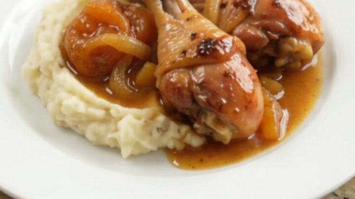 Glazed chicken drumsticks in a slow cooker with apricot onion sauce