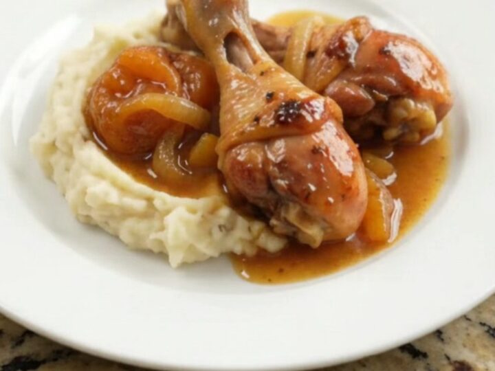 Glazed chicken drumsticks in a slow cooker with apricot onion sauce