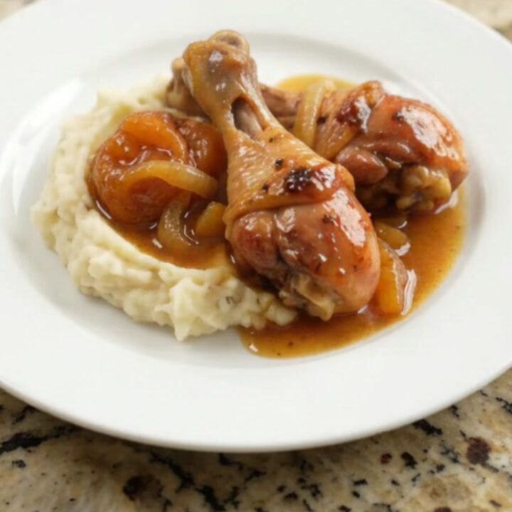Glazed chicken drumsticks in a slow cooker with apricot onion sauce
