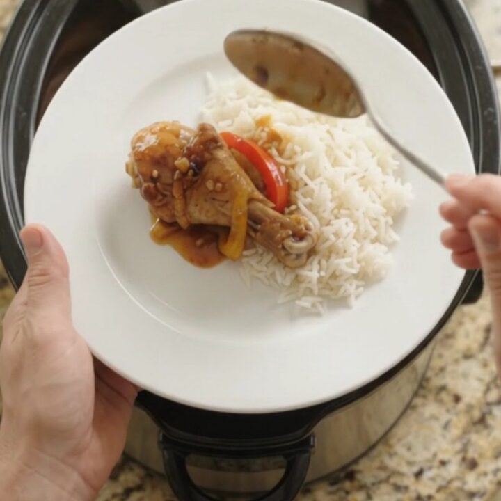Slow-cooker honey soy chicken drumsticks with bell peppers in a glossy amber glaze