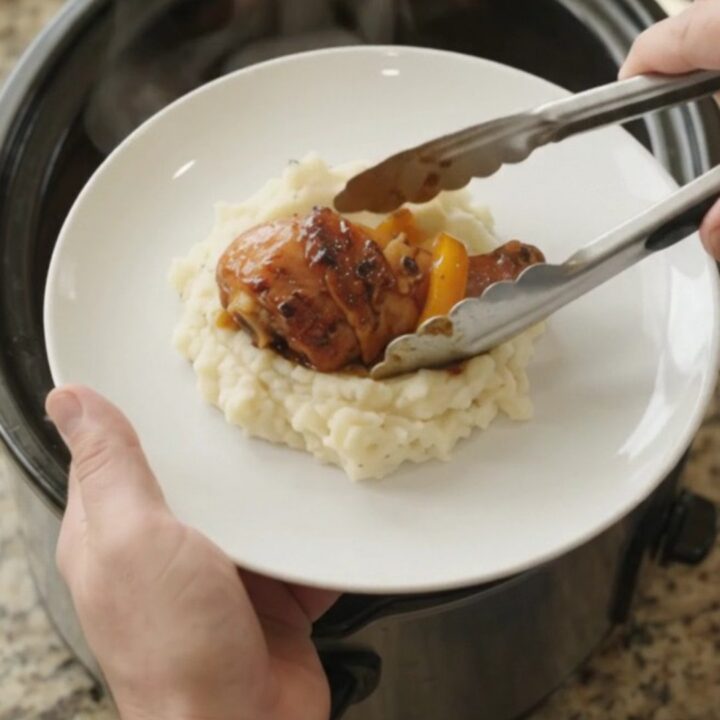 Slow cooker bourbon glazed chicken drumsticks with bell peppers in a glossy black crockpot