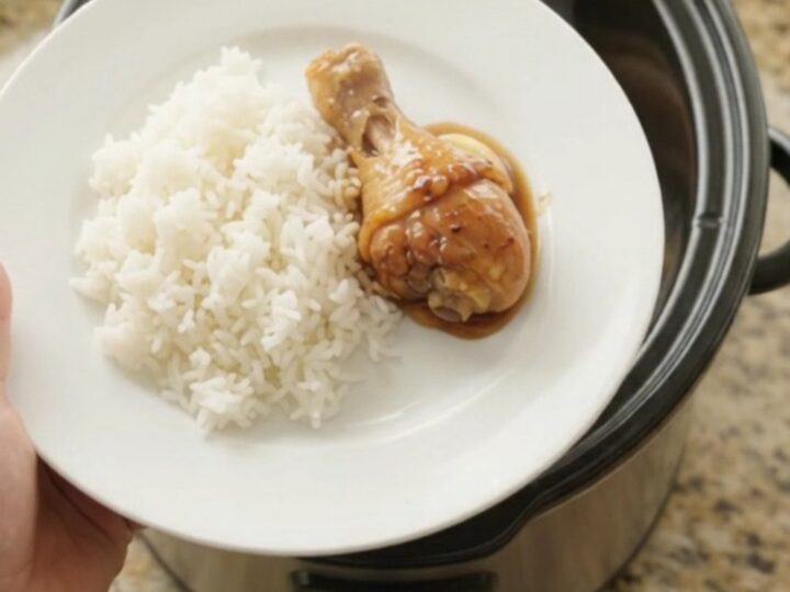 Slow-cooker teriyaki chicken drumsticks with whole garlic cloves and scallions in a glossy sauce.