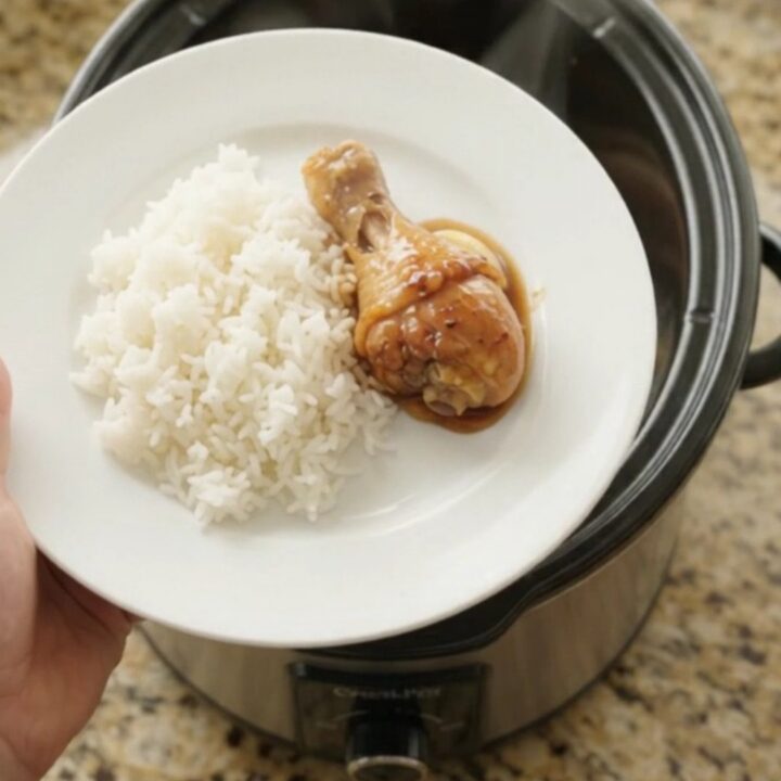 Slow-cooker teriyaki chicken drumsticks with whole garlic cloves and scallions in a glossy sauce.