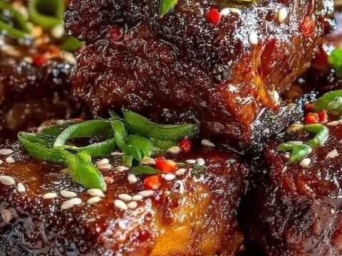 Sticky garlic beef short ribs with a glossy glaze on a white plate.