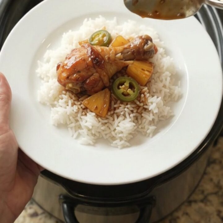 Glazed chicken drumsticks with pineapple and jalapeños in a slow cooker