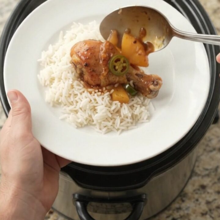 Glazed chicken drumsticks with pineapple and jalapeño in a slow cooker, sticky sauce bubbling