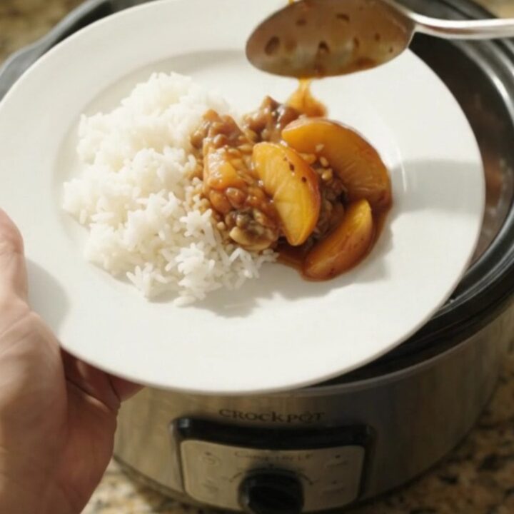 Glazed chicken wings and peach slices in a slow cooker with teriyaki sauce