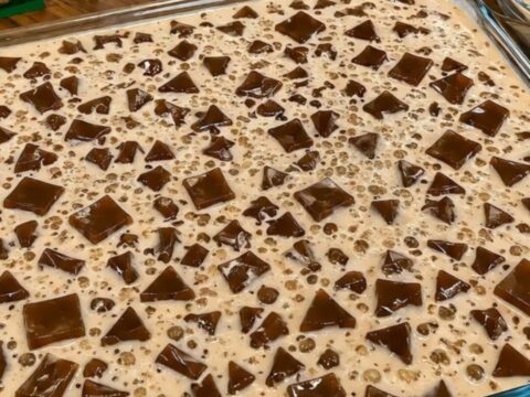 A close-up view of creamy Milo gulaman featuring firm chocolate jelly cubes and tapioca pearls.