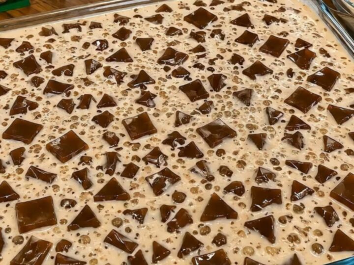 A close-up view of creamy Milo gulaman featuring firm chocolate jelly cubes and tapioca pearls.