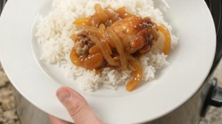 Sticky apricot teriyaki chicken wings in a slow cooker, glazed and glossy