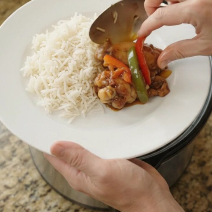 Sticky honey soy chicken wings with bell peppers in a slow cooker, glazed and glossy