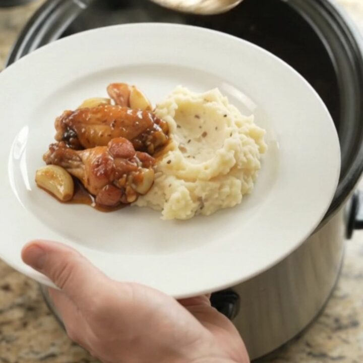 Sticky bourbon glazed chicken wings in a slow cooker with garlic and scallions