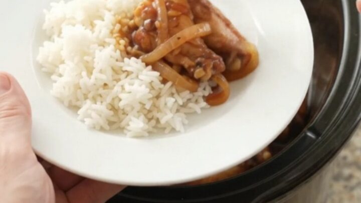 Slow-cooker BBQ chicken wings with caramelized Vidalia onions in a glossy hickory sauce
