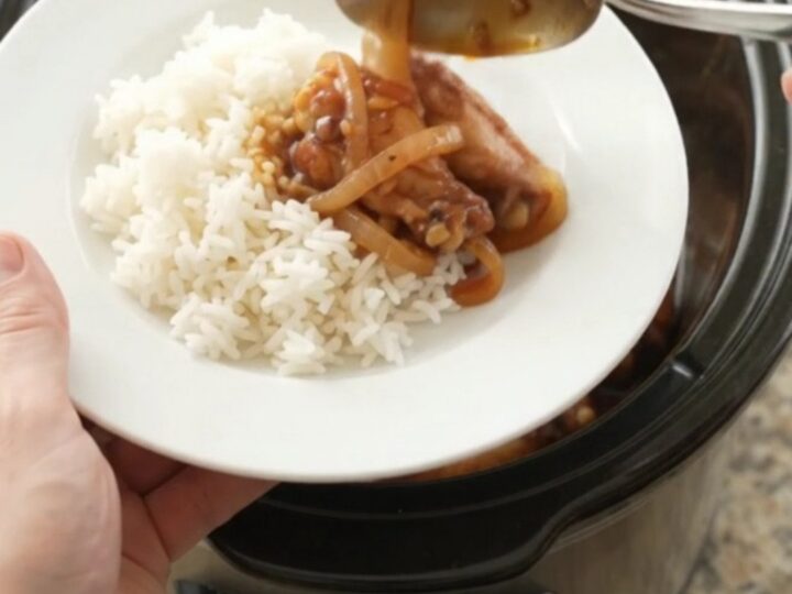 Slow-cooker BBQ chicken wings with caramelized Vidalia onions in a glossy hickory sauce