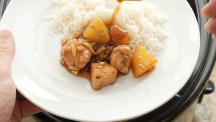 Glazed chicken and pineapple in a slow cooker with a glossy honey-soy sauce