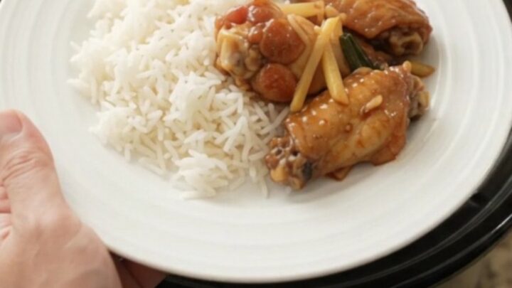 Sticky honey soy chicken wings in a slow cooker with ginger and scallions
