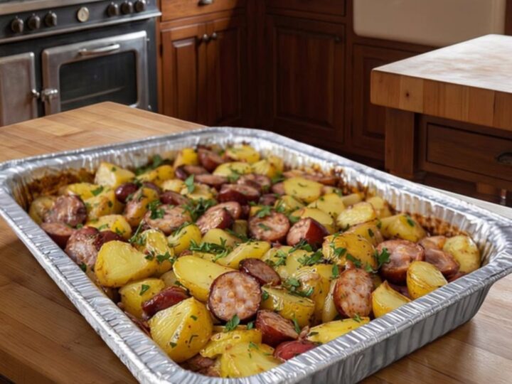 A foil pan filled with crispy, browned smoked sausage rounds and golden-brown roasted potato wedges.