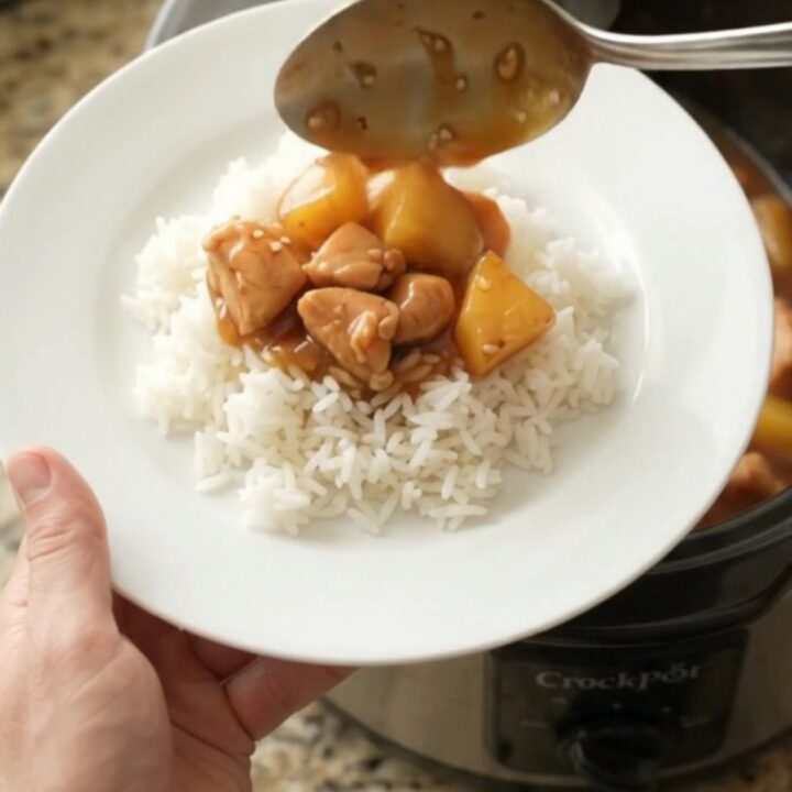 Crockpot teriyaki chicken bites with pineapple in a glossy sauce, served over rice
