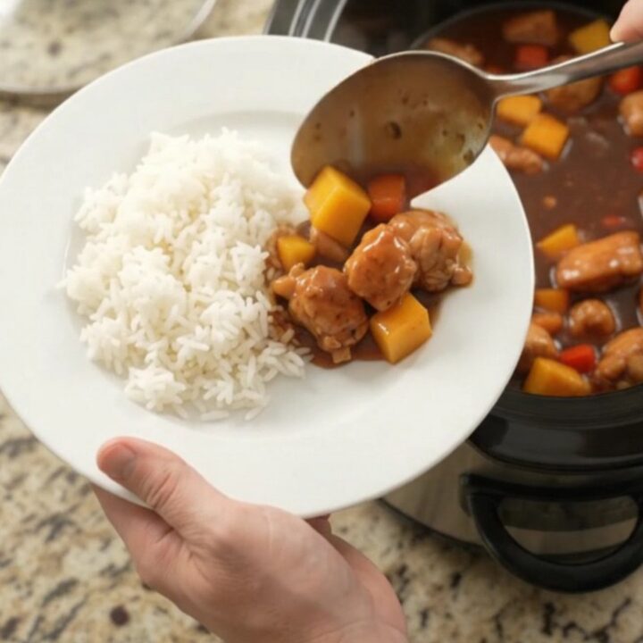 A bowl of mango hickory BBQ chicken bites with rice, garnished with fresh herbs