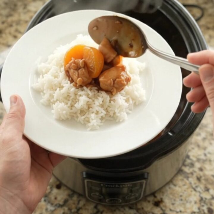 Slow cooker filled with glazed chicken bites and mandarin oranges in hickory BBQ sauce