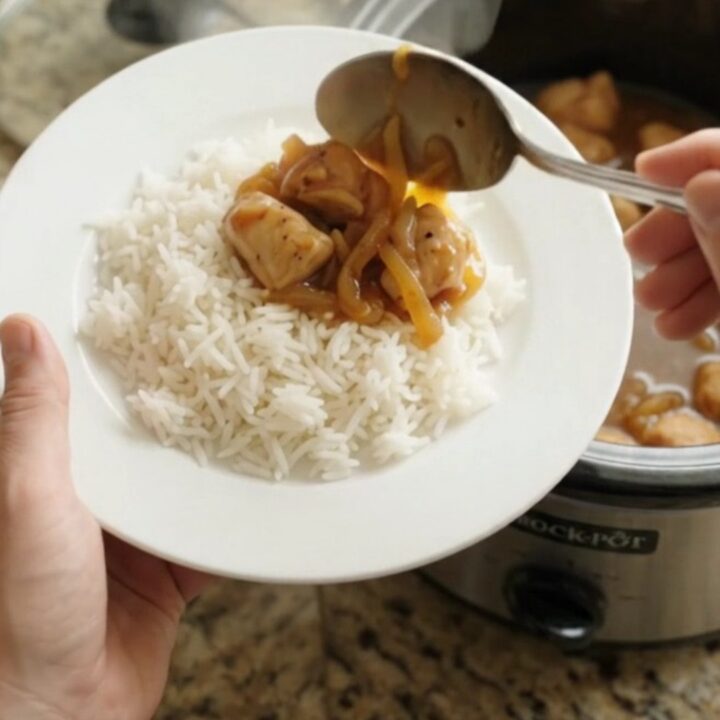 Glazed chicken bites in a slow cooker with apricot-onion ribbons and a sticky amber sauce