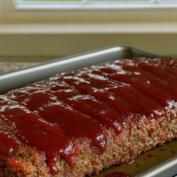 A glistening honey BBQ meatloaf served in a baking pan on a wire rack with a sunlit window in the background.