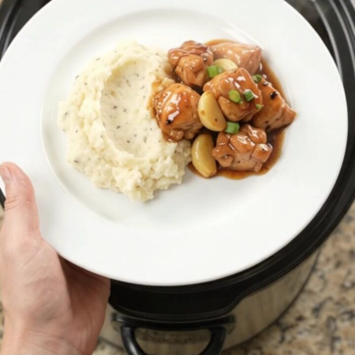 Slow cooker filled with glazed chicken bites, garlic cloves, and scallions in a dark bourbon sauce.