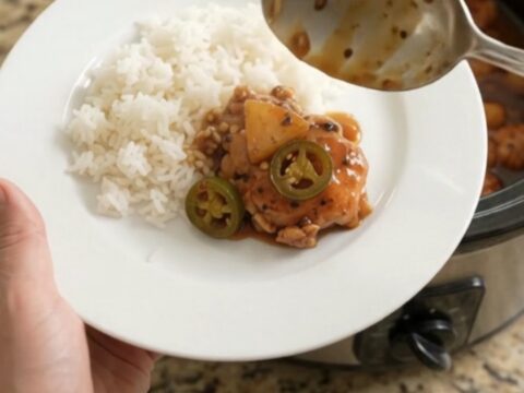 Slow-cooker chicken bites with pineapple and jalapeño in a glossy BBQ sauce