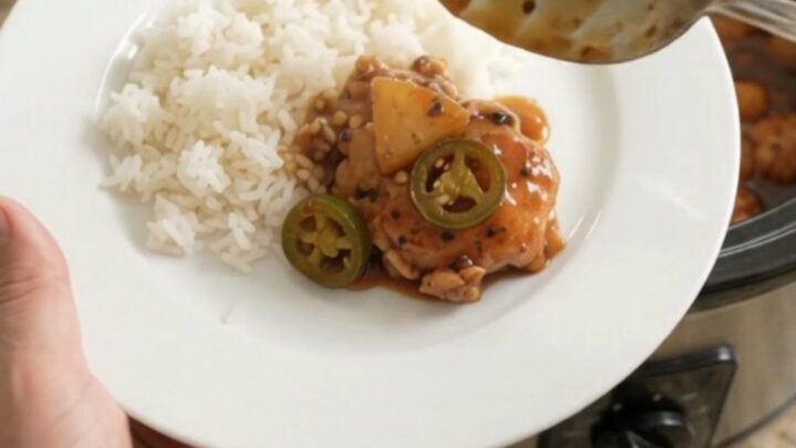 Slow-cooker chicken bites with pineapple and jalapeño in a glossy BBQ sauce