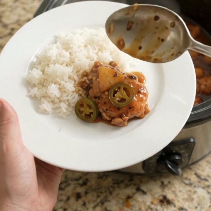 Slow-cooker chicken bites with pineapple and jalapeño in a glossy BBQ sauce