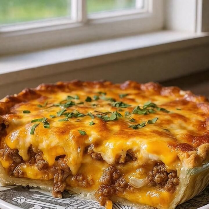 A golden, bubbly cheeseburger pie in a rustic dish on a sunny windowsill.