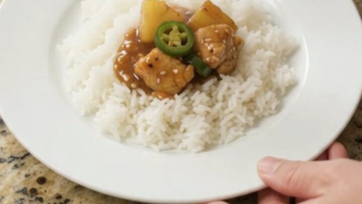 Glazed teriyaki chicken bites with pineapple and jalapeños in a slow cooker, topped with sesame seeds