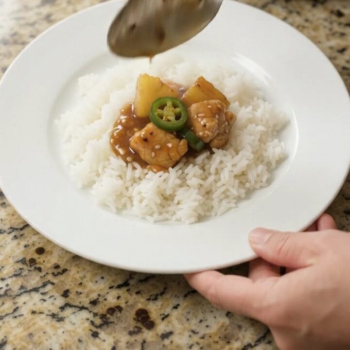 Glazed teriyaki chicken bites with pineapple and jalapeños in a slow cooker, topped with sesame seeds